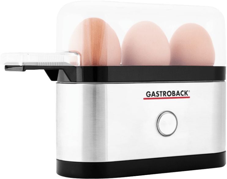 Fierbator oua Gastroback, Mini, capacitate 3 oua, comutator pornire/oprire, semnal sonor de final, oprire automata, cana de masurare, argintiu/negru