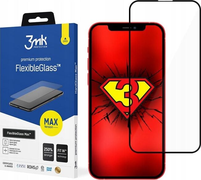 Folie de protectie 3MK FlexibleGlass Max pentru iPhone 13/13 Pro, Hybrid glass, 7H, 0.2mm, Negru