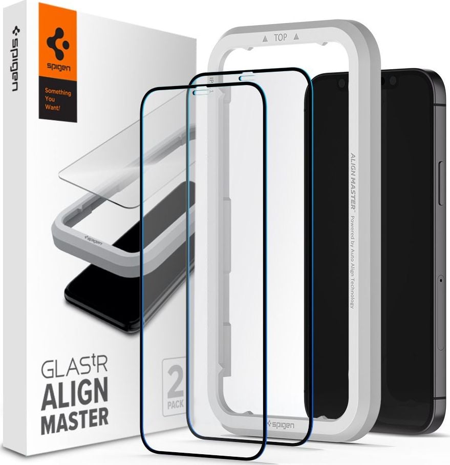 Folie sticla cu sistem de montare Case friendly Spigen ALM Glass FC iPhone 12/12 Pro Black Set 2 bucati