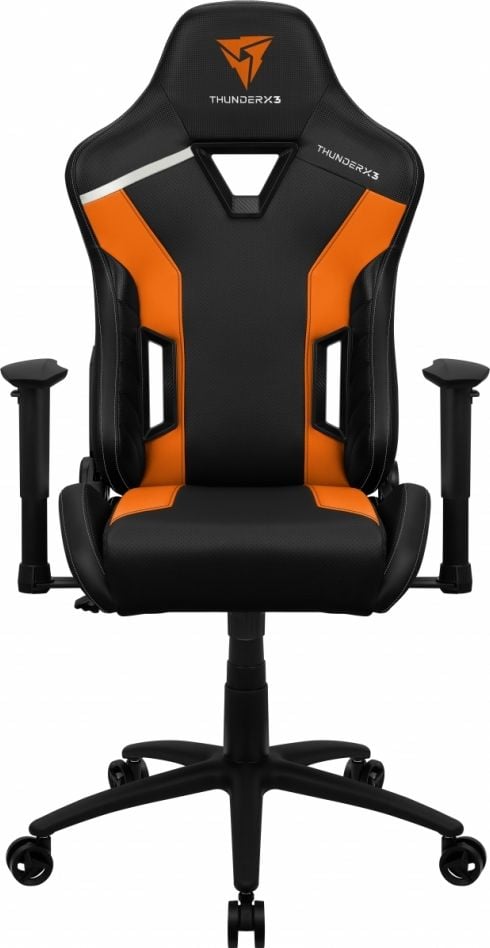 Fotoliul ThunderX3 TC3 Hi-Tech pentru jocuri, ergonomic, de culoare portocalie.
