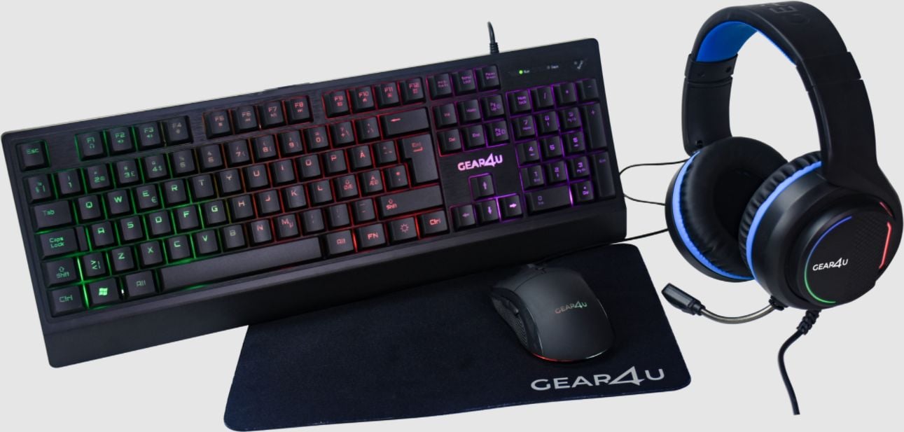 Kit Tastatura + Mouse - Set gaming 1x Tastatura, 1x Mouse, 1x Casti, 1xMousepad, GEAR4U 4-IN-1 Gaming Combo RGB, iluminata, cu cablu, negru, NU layout