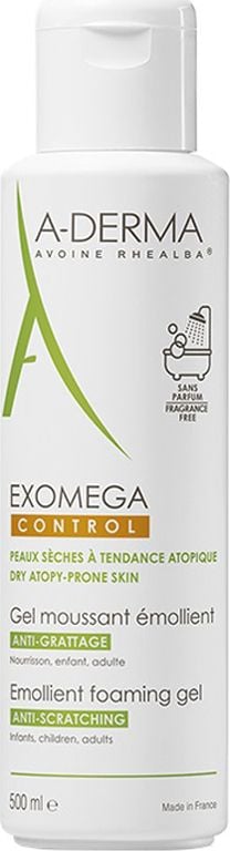 Gel de curatare spumant A-Derma Exomega Control pentru piele uscata si atopica, 500 ml