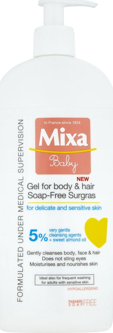 Gel de dus fara sapun Mixa Baby Surgras pentru corp si par, pentru bebelusi si copii, 400 ml