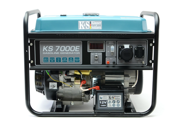 Generator electric KS 7000E Könner & Söhnen, E-start, 5.5 kW, 13CP, autonomie 17h, 1x16A (230V), 1x32A (230V), 12Vregulator tensiune AVR, protectie suprasarcina, senzor nivel scazut ulei, bobinaj 100% cupru.