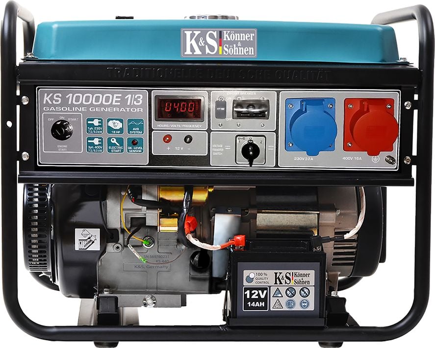 Generator electric mono/trifazat KS 10000E 1/3, Könner&Söhnen, benzina, 8.0 kW, 1x32A (230V), 1x16A (400V), 12V, autonomie 15h, 18 cp, protectie suprasarcina, regulator AVR, protectie nivel scazut ulei , bobinaj 100% cupru