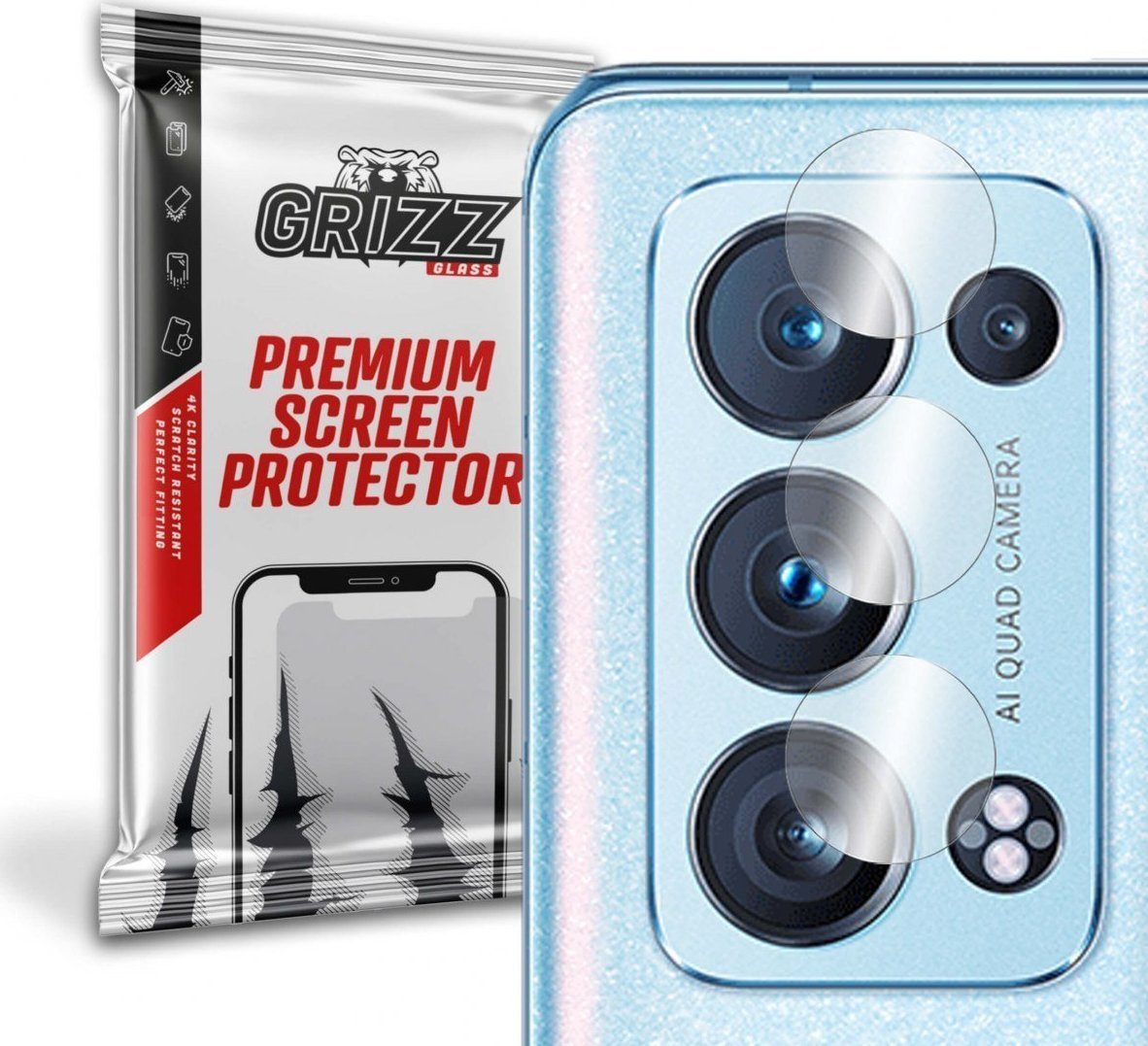 Folie de protectie camera foto, Grizz Glass, Sticla hibrida, Compatibil Oppo Reno 6 Pro, Transparent