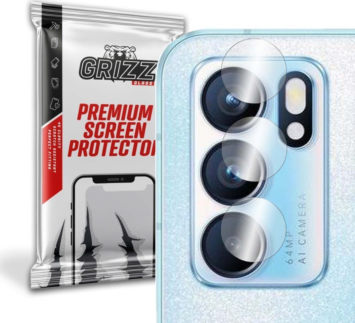 Folie de protectie camera foto, Grizz Glass, Sticla hibrida, Compatibil Oppo Reno 6, Transparent