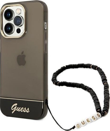Traducerea din poloneză pentru Guess Etui Guess GUHCP14XHGCOHK Apple iPhone 14 Pro Max czarny / carcasa din plastic negru din pielea cunoscuta a brandului de moda de lux, cu o curea semi-transparentă de perle, în limba română ar fi: Husa Guess pentr