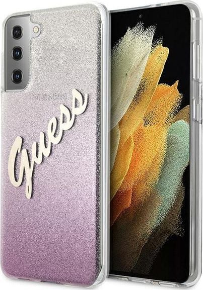 Geantă de protecție Guess GUHCS21MPCUGLSPI pentru Samsung Galaxy S21+ Plus, roz / roz, carcasa rigidă cu efect de sclipire și gradient, scris script.