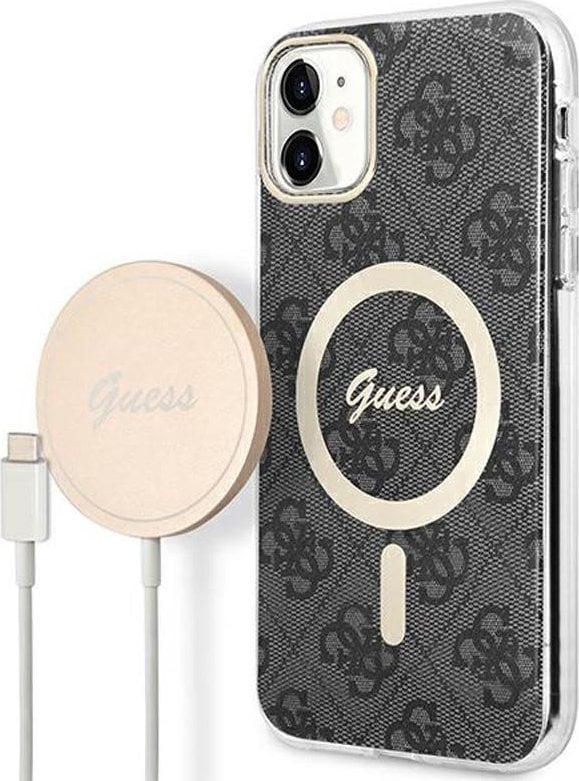 Pachet Guess Guess MagSafe 4G - Carcasă + set încărcător MagSafe pentru iPhone 11 (negru/auriu)