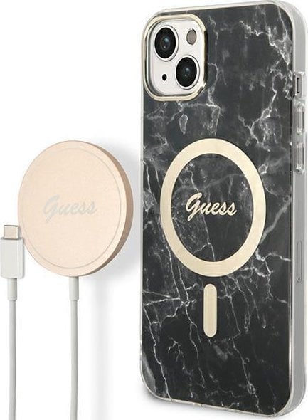 Guess Set Guess încărcător MagSafe + husă pentru iPhone 14 Plus 6,7` marmură neagră (GUBPP14MHMEACSK)