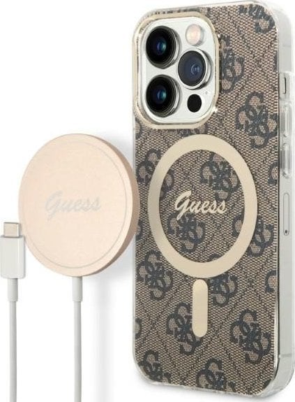 Setul Guess GUBPP14XH4EACSW, inclusiv carcasa și încărcătorul pentru iPhone 14 Pro Max de 6,7 inch, este disponibil în culoarea maro și este compatibil cu tehnologia 4G. Carcasa este realizată dintr-un material dur și are pe spate un design imprimat