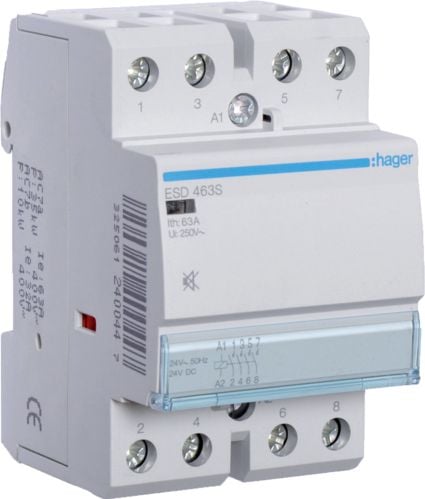 Contactor modular Hager Silent 63A 4NO 0R 24V AC/DC (ESD463S)