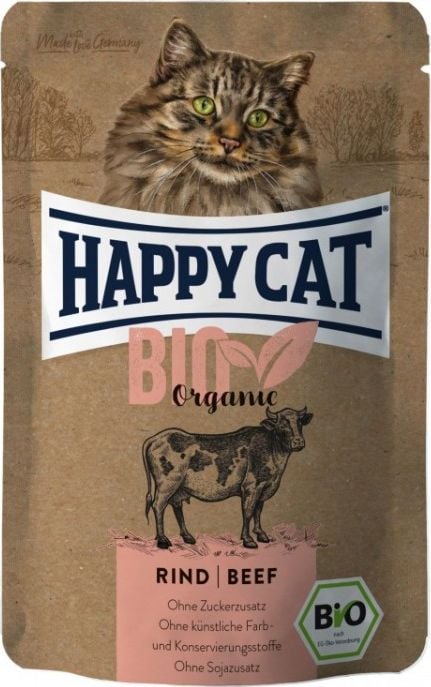 Happy Cat Bio Organic, hrană pentru pisici pentru adulți, umedă, carne de vită, 85g, plic