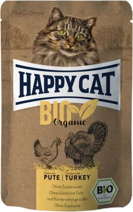 Happy Cat Bio Hrana organica umeda pentru pisici adulte, pui si curcan, 85g, plic