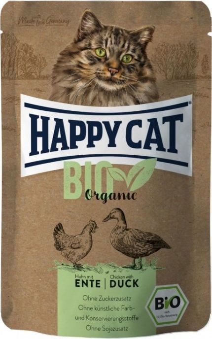 Happy Cat Bio Hrana organica umeda pentru pisici adulte, pui si rata, 85g, plic