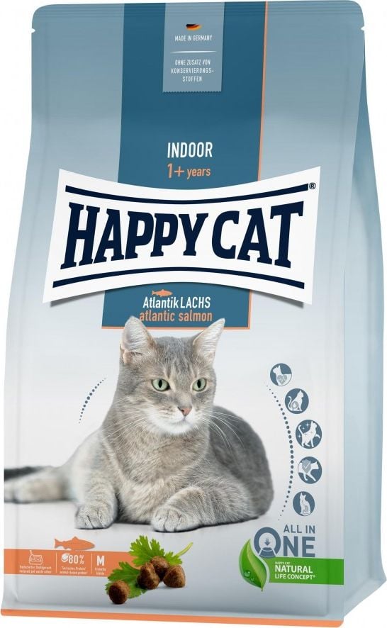 Happy Cat Indoor Atlantic Somon, hrana uscata, pentru pisici adulte de interior, Atlantic Somon, 4 kg, sac