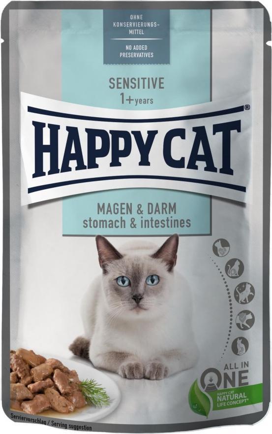 Happy Cat Sensitive Meat in Sos Stomach & Intestines, hrana umeda, pentru pisici adulte cu sistem digestiv sensibil, pui, 85 g, pliculet