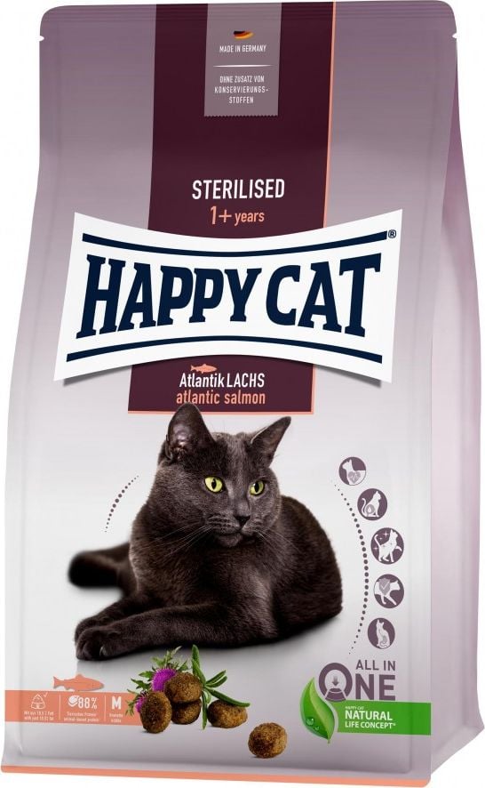 Hrana uscata pentru pisici adulte sterilizate, HAPPY CAT Sterilised, cu somon si pasare 10 kg