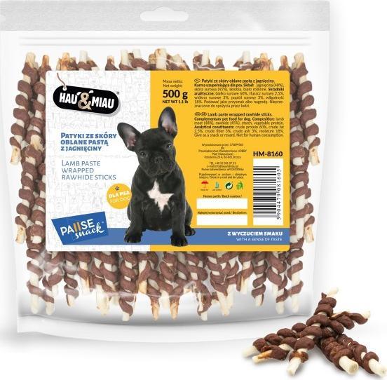Hau&Miau Pausesnack pentru câini, bețișoare din piele acoperite cu pastă de miel 500g