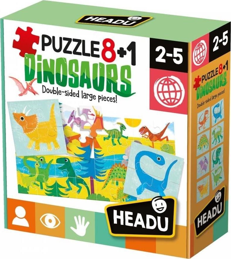 Puzzle Headu Teacher Tested - Dinozaurii, 2 fete, 8+1