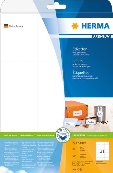 Etichete premium 4361, A4, alb, 70 x 42 mm, hârtie mată, 525 buc. (4361)