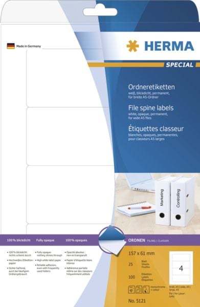 Etichete speciale 5121, pentru reliere, A4, alb, 157 x 61 mm, hartie opaca mata, 100 buc., colturi rotunjite. (5121)