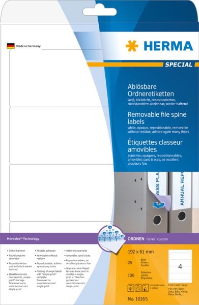 Etichete speciale pentru dosare, A4, odklejalne,, hartie mata opac alb, 100 buc., colturi rotunjite (10165)