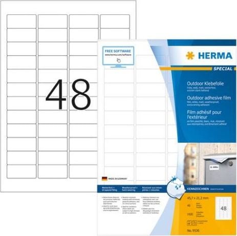 Etichete Herma A4 rezistente la intemperii, 45,7 x 21,2 mm, alb, adeziv extra-puternic extensibil - 9536