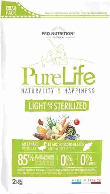 Hrana uscata grain free pentru caini sterilizati, Flatazor PureLife Light, cu rata si peste alb, 2 kg