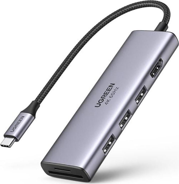 Hub 6in1 Ugreen, USB-C la 3xUSB 3.2, 1xHDMI, 1xslot SD, 1xslot TF, Gri