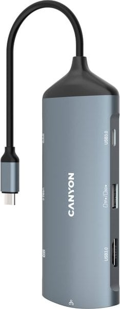 Hub Canyon CANYON 8 în 1, cu 1 * HDMI, 1 * Gigabit Ethernet, 1 * USB C mamă: suport PD3.0 max60 W, 1 * USB C masculin: PD3.0 suport max100 W, 2 * USB3.1: suport max 5 Gbps ,1*USB2.0: suport max 480Mbps, 1*SD, cablu 15cm, carcasă din aliaj de aluminiu