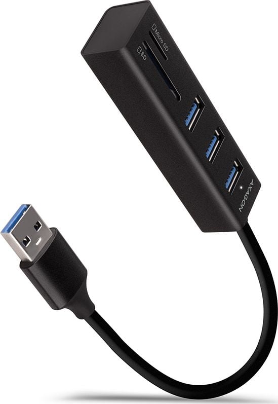 Hub USB AXAGON HMA-CR3A, 3.2 Gen 2 cu 3 porturi USB-A si cititor de card SD/microSD, cablu 20 cm, negru