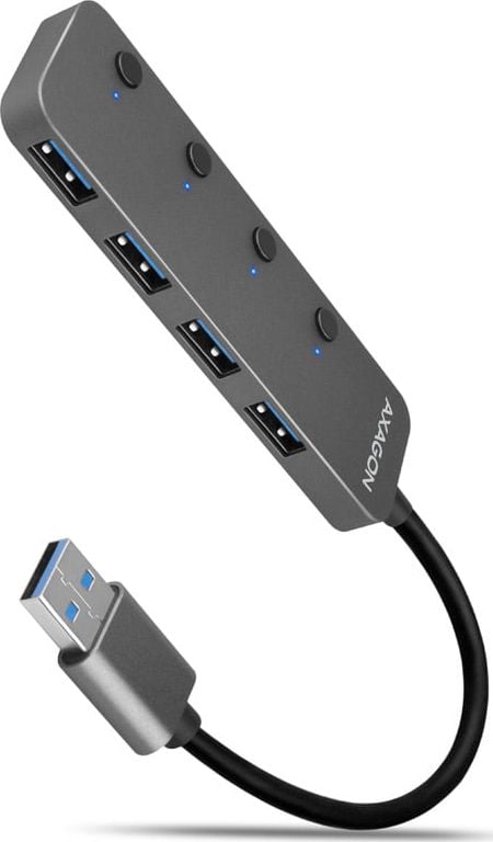 Hub-uri - HUB USB AXAGON HUE-MSA, cu intrerupator pentru fiecare port, 4x USB3.2 Gen 1, alimentare Micro USB, cablu USB-A 20 cm