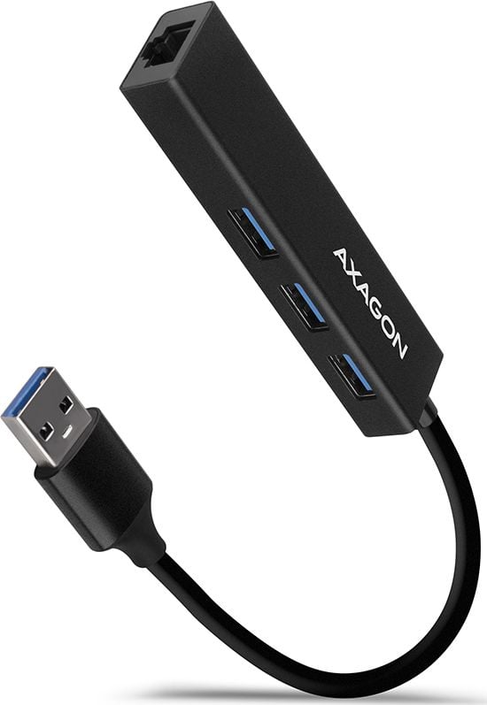 Hub USB AXAGON HMA-GL3A, 3.2 Gen 1 cu 3 porturi USB-A si placa retea Gigabit, cablu 20 cm, negru