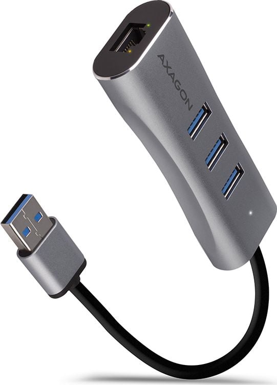 Hub USB AXAGON HMA-GL3AP, 3.2 Gen1 cu 3 porturi USB-A si placa de retea gigabit, cablu 20 cm, argintiu