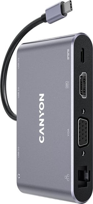 Hub USB C Canyon CANYON 8 în 1, cu 1*HDMI: 4K*30Hz, 1*VGA, 1*port de încărcare PD de tip C, intrare PD max. 100W. 3*USB3.0, viteză de transfer de până la 5 Gbps. 1*Glgabit Ethernet, mufă audio 1*3,5 mm, cablu 15 cm, carcasă din aliaj de aluminiu, 95*