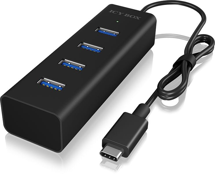 Hub USB Icy Box, 4 porturi, USB 3.0, USB-C, Plug&Play, Aluminiu, Negru
