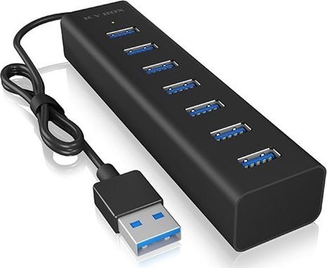 Hub USB Icy Box, 7 porturi, USB 3.0, 5V/3A, Plug&amp;Play, Aluminiu, Negru