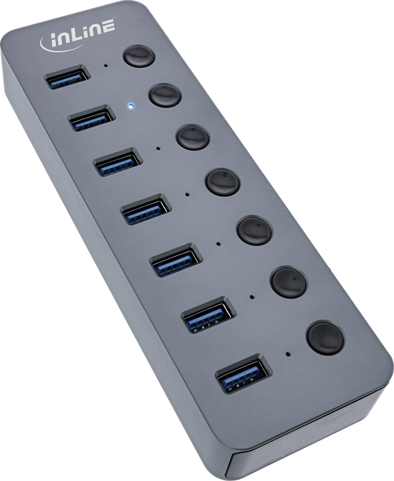 HUB USB InLine InLine® USB 3.2 Gen.1 hub, 7 porturi, cu comutator, aluminiu, gri, cu unitate de alimentare
