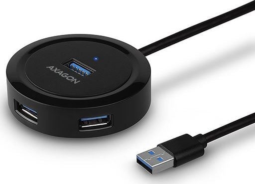HUB USB Rotund, 4x USB3.2 Gen 1, AXAGON HUE-P1A, alimentare Micro USB, cablu USB-A 30 cm