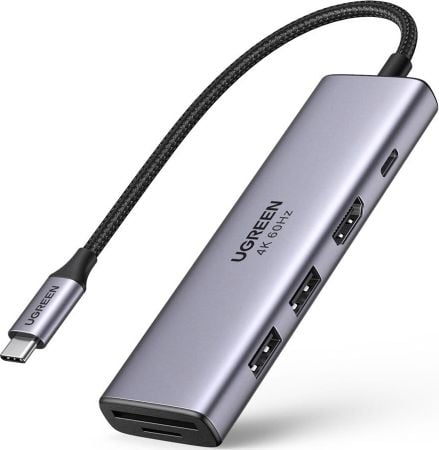 HUB USB tip C multifunctional 6 in 1, Ugreen, 2x USB 3.2 / HDMI 4K 60Hz / Cititor de carduri de memorie SD si TF / USB Type C PD 100W, Gri