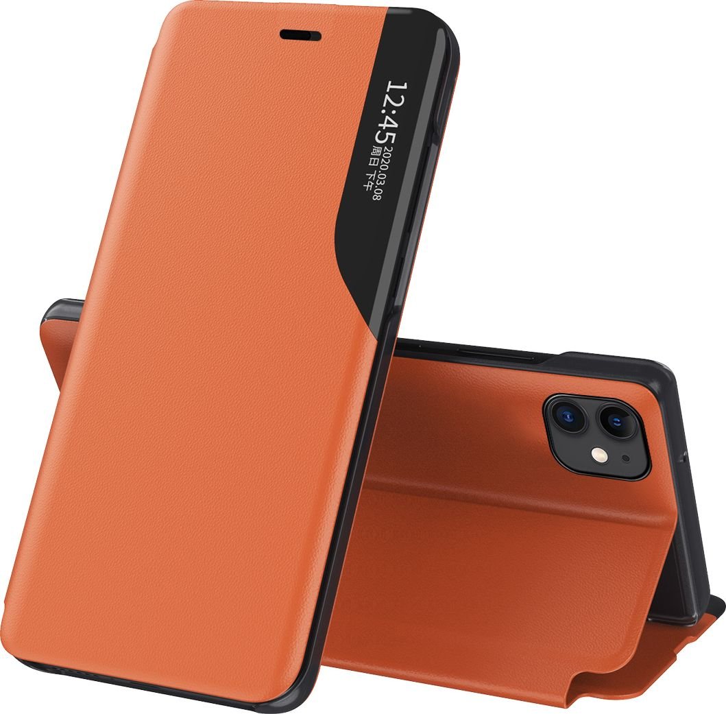 Hurtel Eco Leather View Case elegancki futerał etui z klapką i funkcją podstawki iPhone 13 mini pomarańczowy