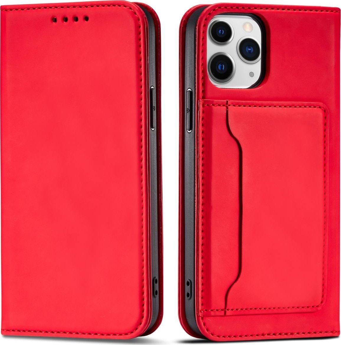 Hurtel Magnet Card Case etui do iPhone 12 Pro Max pokrowiec portfel na karty kartę podstawka czerwony