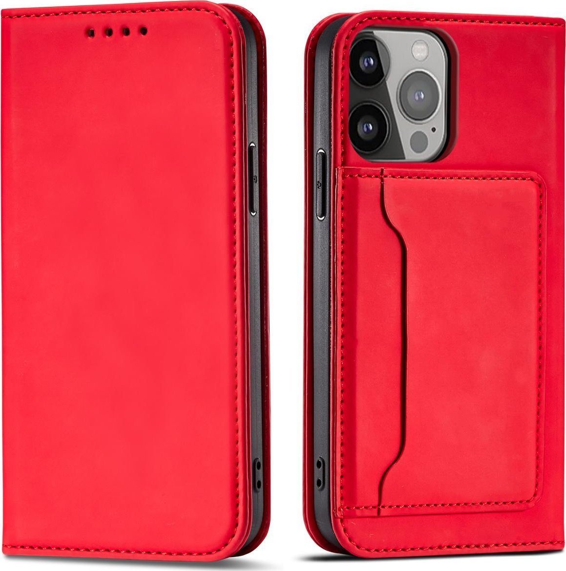 Hurtel Magnet Card Case etui do iPhone 13 Pro Max pokrowiec portfel na karty kartę podstawka czerwony
