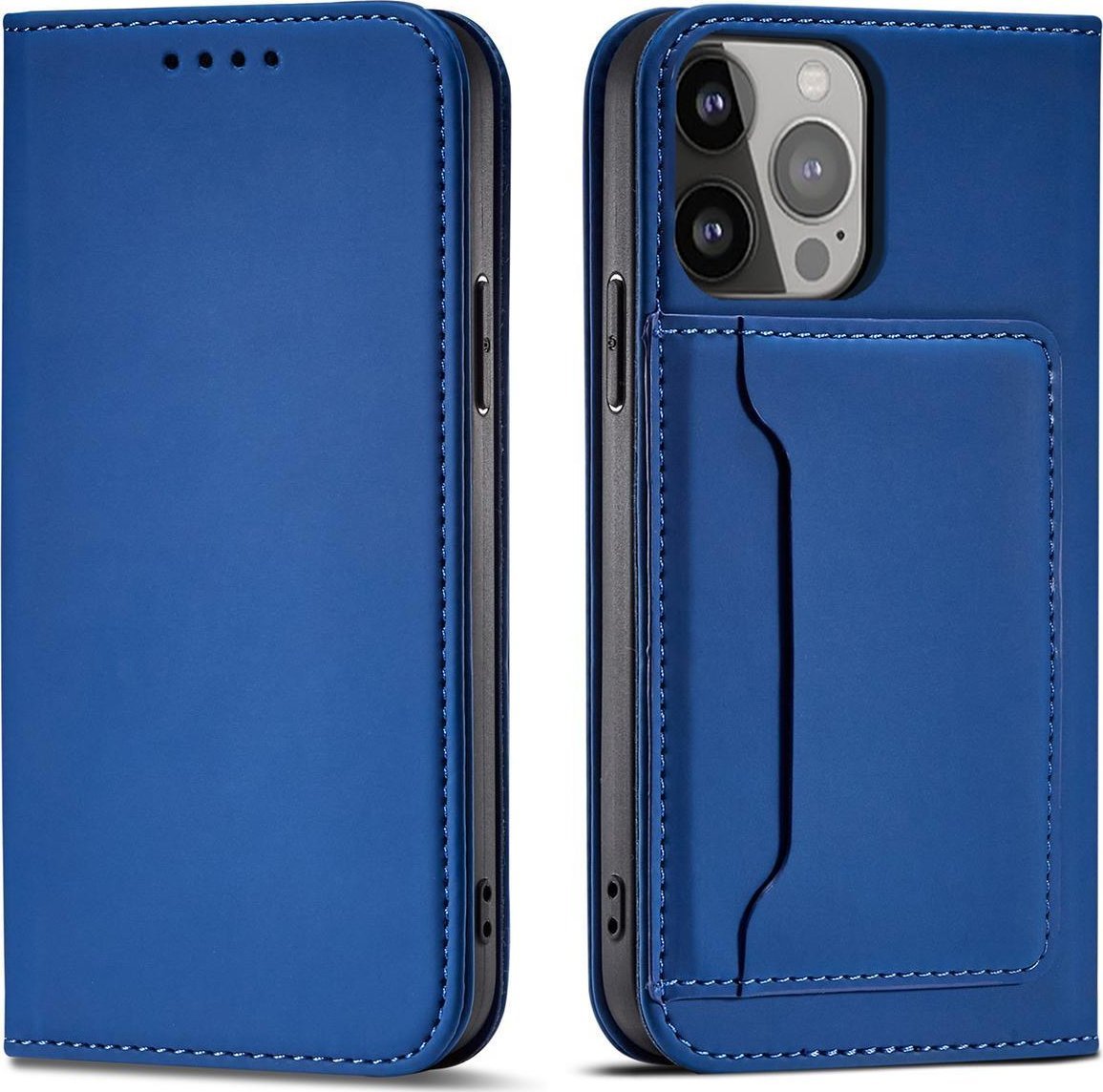 Hurtel Magnet Card Case etui do iPhone 13 Pro Max pokrowiec portfel na karty kartę podstawka niebieski