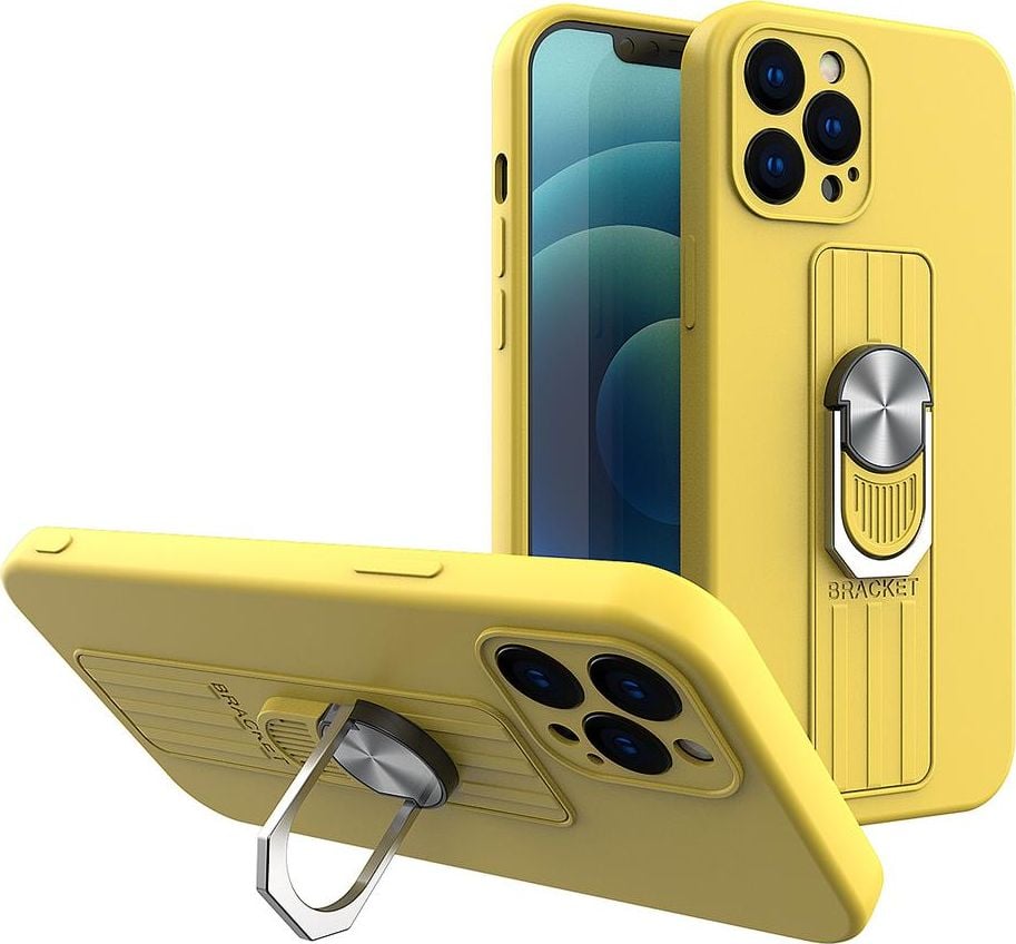 Hurtel Ring Case silikonowe etui z uchwytem na palec i podstawką do iPhone 13 mini żółty