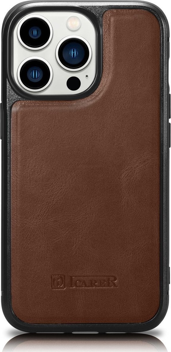 iCarer iCarer Leather Oil Wax etui pokryte naturalną skórą do iPhone 14 Pro (kompatybilne z MagSafe) brązowy (WMI14220718-BN)