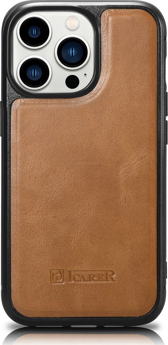iCarer iCarer Leather Oil Wax etui pokryte naturalną skórą do iPhone 14 Pro (kompatybilne z MagSafe) brązowy (WMI14220718-TN)