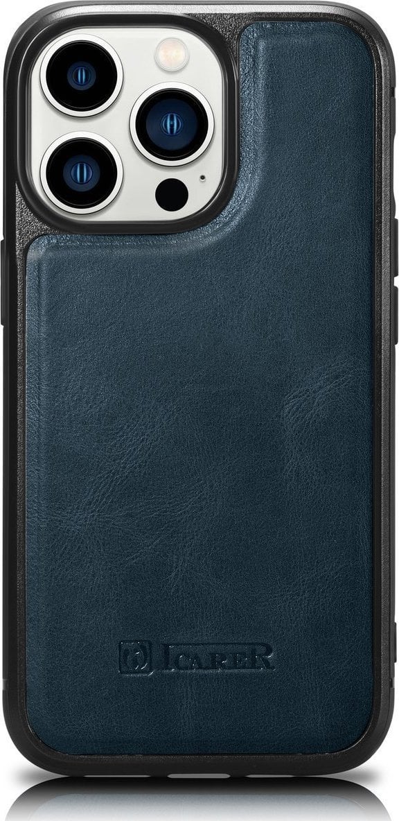 iCarer iCarer Leather Oil Wax etui pokryte naturalną skórą do iPhone 14 Pro (kompatybilne z MagSafe) niebieski (WMI14220718-BU)